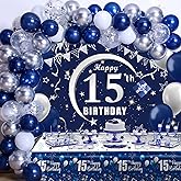 15th Birthday Decorations for Boys Girls - Navy Blue Birthday Decorations For Boys Girls Including HAPPY 15th BIRTHDAY Decorations Backdrop Tablecloth Balloon Garland Kit -15th Bday Decorations