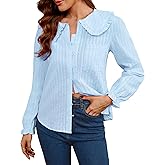 LOOKBOHO Women Spring Long Sleeve Shirts Peter Pan Collar Button Down Puff Sleeve Blouse Lightweight Casual Cotton Tops