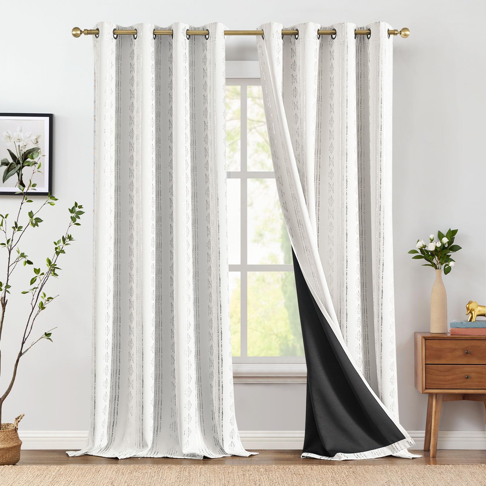 jinchan 95% Blackout Boho Curtains 108 Inches Long for Bedroom Living Room Silver Geometric Foil Printed Curtain Grommet Top Room Darkening Drapes Off White 52 x 108 2 Panels Image