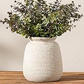 Ceramic Flower Vase, 6“ Small Rustic Farmhouse Vases Home Decor, Short Pottery Decorative Pampas Vase for Table Living Room Entryway Mantel Bookshelf Bedroom Bathroom Kitchen-White