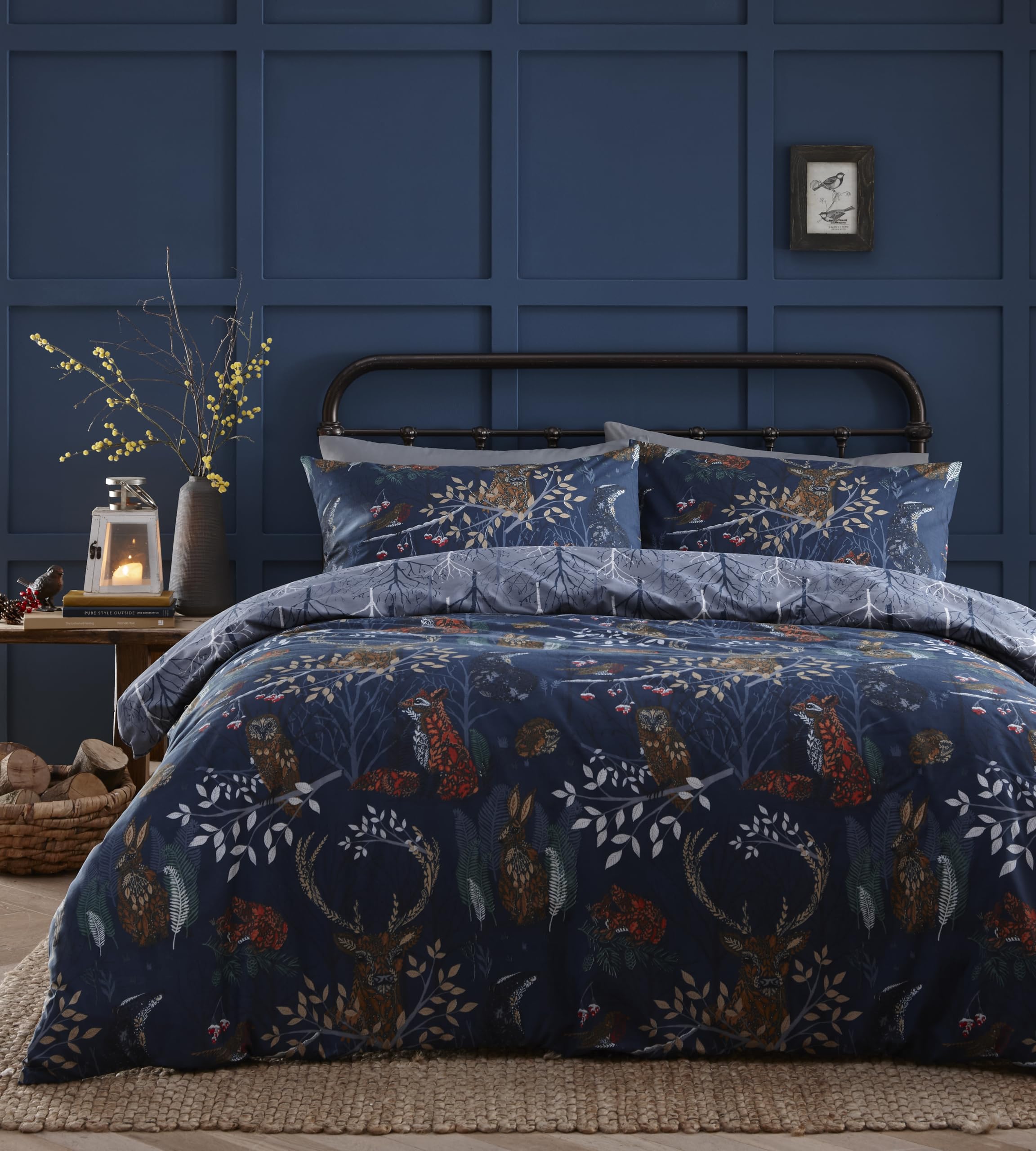 furn. Forest Fauna Woodland Duvet Set – Reversible Nature Inspired Bedding with Animal Print, Soft Polycotton, Machine Washable (Navy – King)