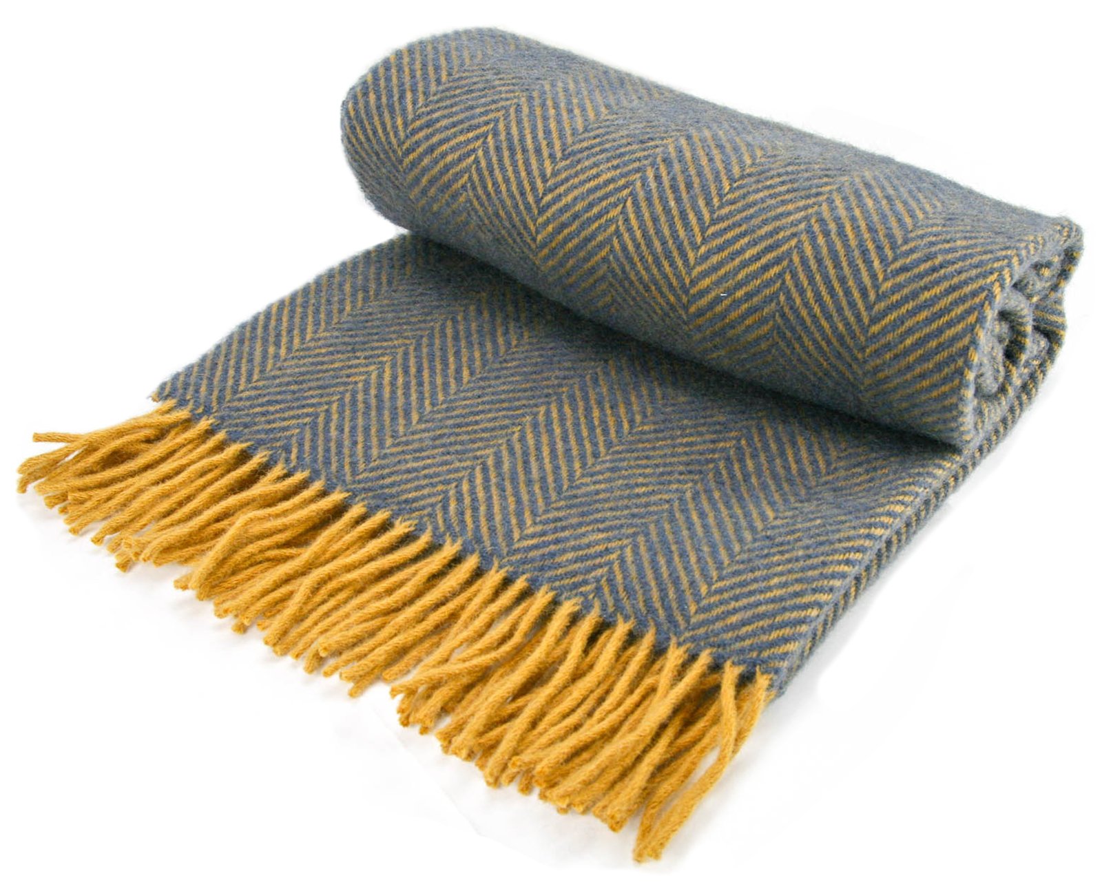 Herringbone - Pure New Wool - Knee Rug Throw Small Blanket - Navy/Mustard- British Made by Tweedmill Textiles