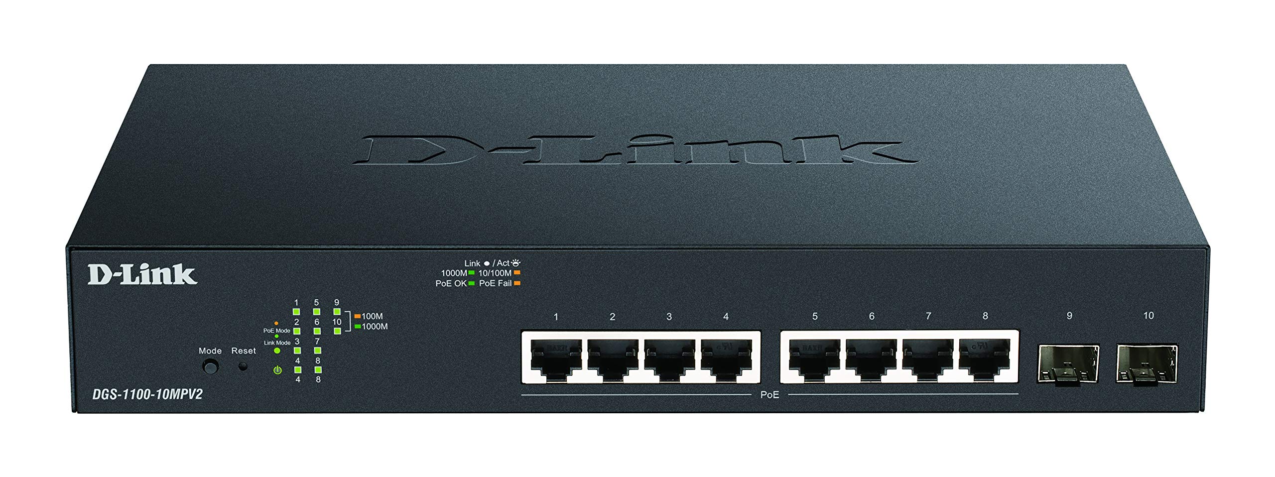 D-Link DGS-1100-10MPV2 - 10-Port Gigabit PoE Smart Managed Switch with 8 PoE and 2 SFP Ports, 130W PoE power budget, 802.3af/at, VLAN support, layer 2 features, QoS, 802.3az EEE, Fanless