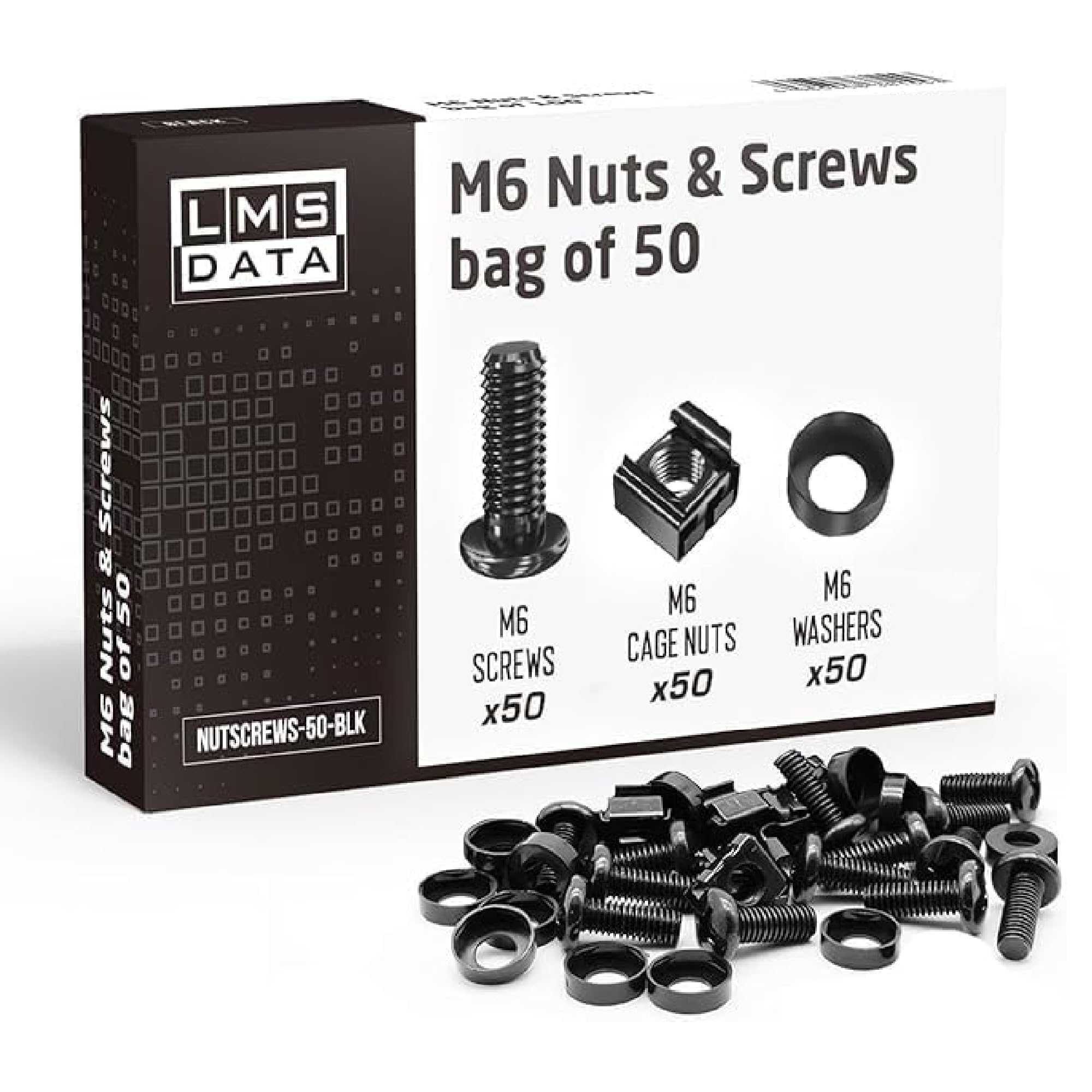 LMS Data M6 Cage Nuts Screws and Washers PACK 50 sets -Assortment Nuts Washers and Bolts Kit for Rack Mount Data Cabinets, Server Shelves Fixing and Installation (Black 50)