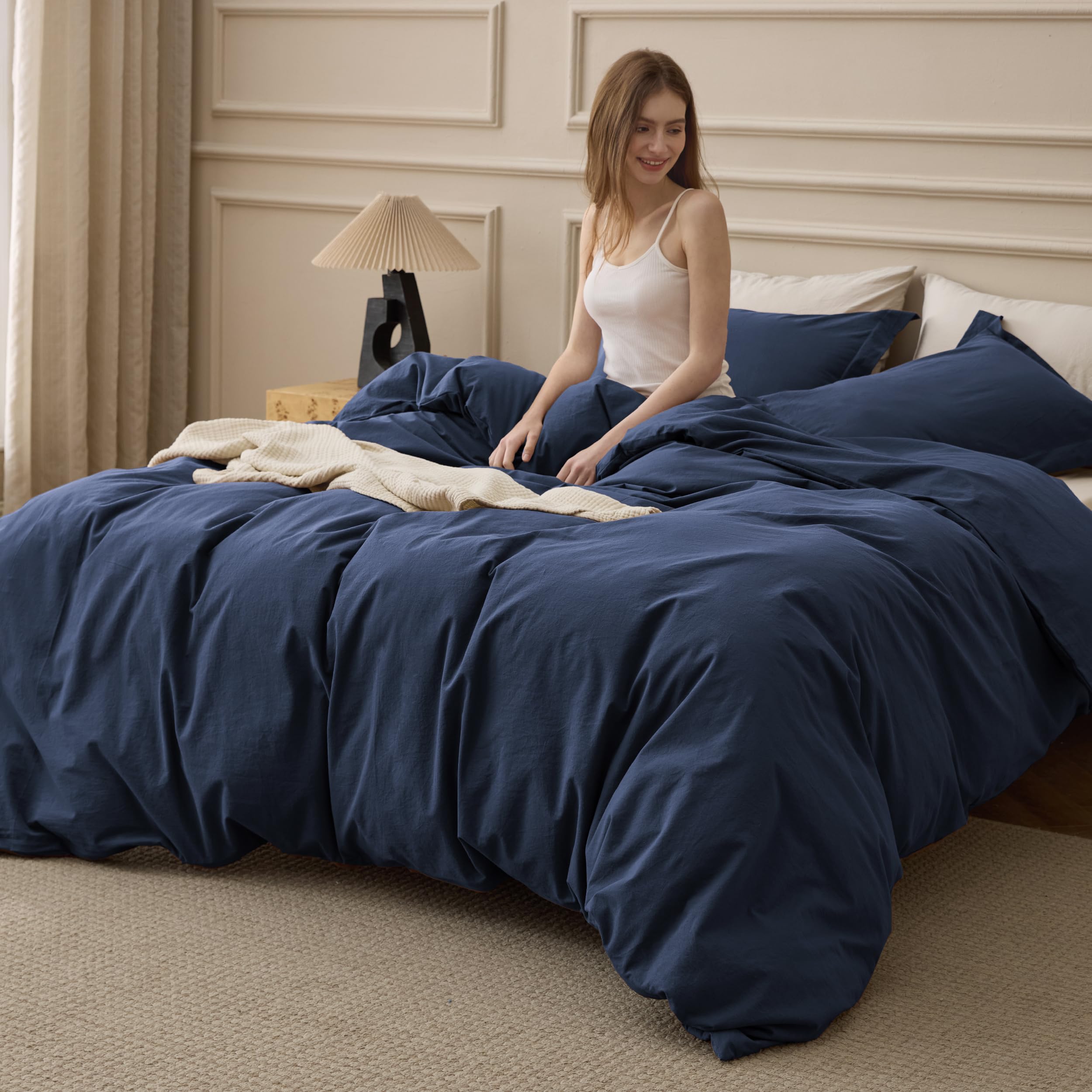 Photo 1 of Bedsure 100% Washed Cotton Duvet Cover King Size - Navy Minimalist Cotton Duvet Cover Linen Like for All Seasons - GentleSoft™ Plain Simple Bedding (Navy, King, 104"x90")