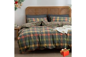 VM VOUGEMARKET Twin XL Plaid Duvet Cover Set Orange Grey Green Gingham Bedding Set Soft Washed Cotton Reversible Modern Cozy Duvet Cover with 2 Pillowcases for Teen Boys- 68x90 Inch