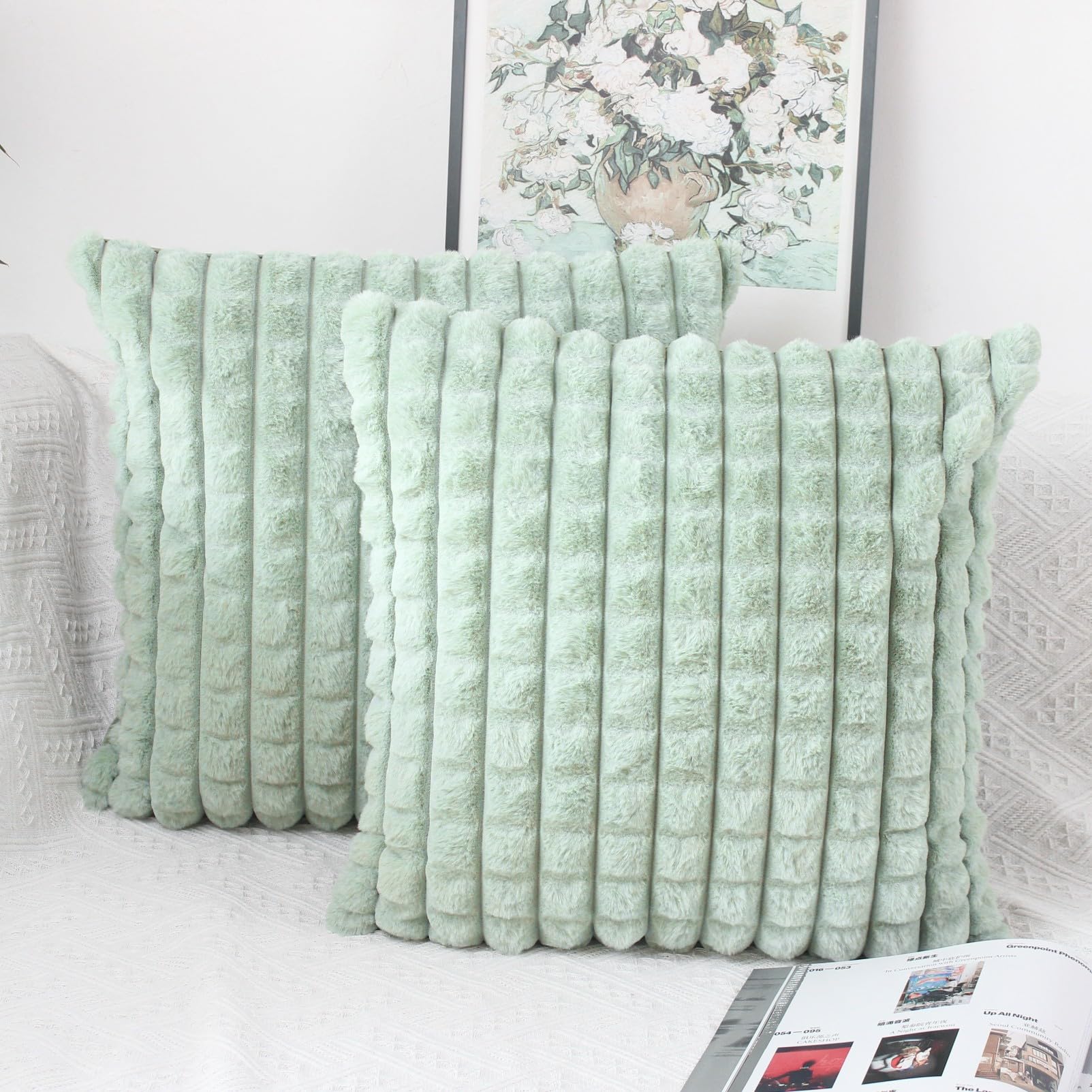 OYIMUA Fluffy Sage Green Cushion Covers 45 x 45 Faux Fur Cushion Cover 18x18 inches Set of 2 Pillow Cases Soft Plush Sofa Cushions Living Room Modern Moroccan Covers