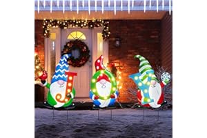 WONDER GARDEN Christmas Yard Stakes, 3 PCS Metal Yard Signs, Xmas Gnomes with Joy and Led Light Christmas Yard Decorations for Lawn Party Decorations
