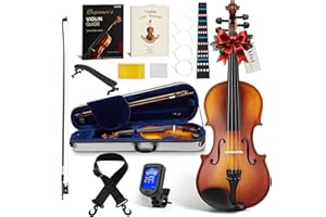 AKLOT Handcrafted Full Size Violin: Solid Wood Matte Fiddle, Acoustic Beginner 4/4 Violin Kit with Hard Case, Lesson Book, Bow, Shoulder Rest, Extra Strings, Tuner, Fretboard Stickers (VRT-AmiCS)