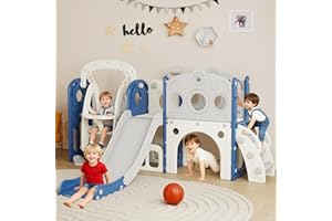 DOREROOM 9 in 1 Toddler Slide and Swing Set, Slide for Toddlers 1-3, Kids Indoor Outdoor Playset Playground with Basketball Hoop, Telescope