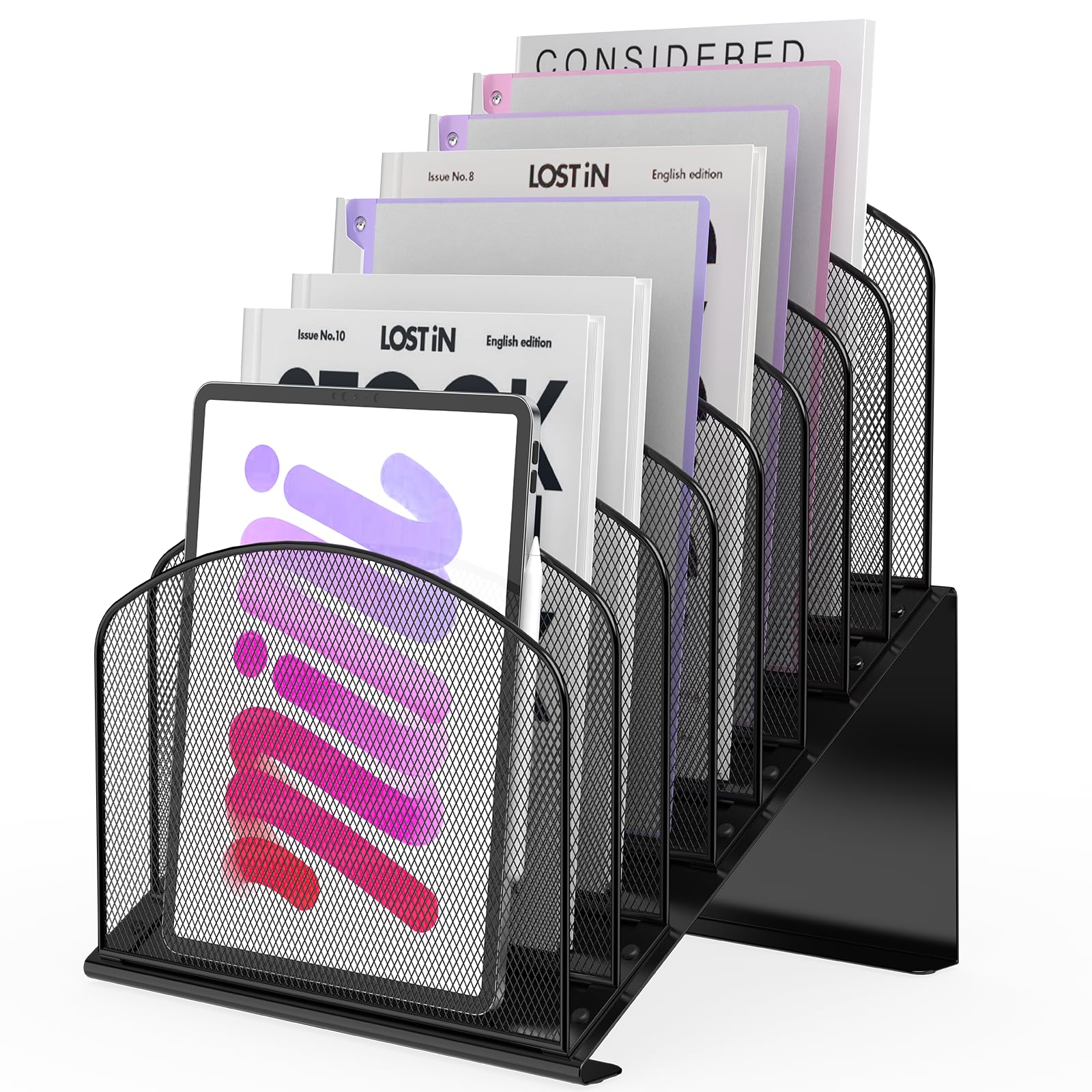 Photo 1 of Inclined Desk File Organizer Metal Desk Magazine Folder Holder with 8-Section Vertical Compartments Rack File Organizer for Office, Home, School, Black