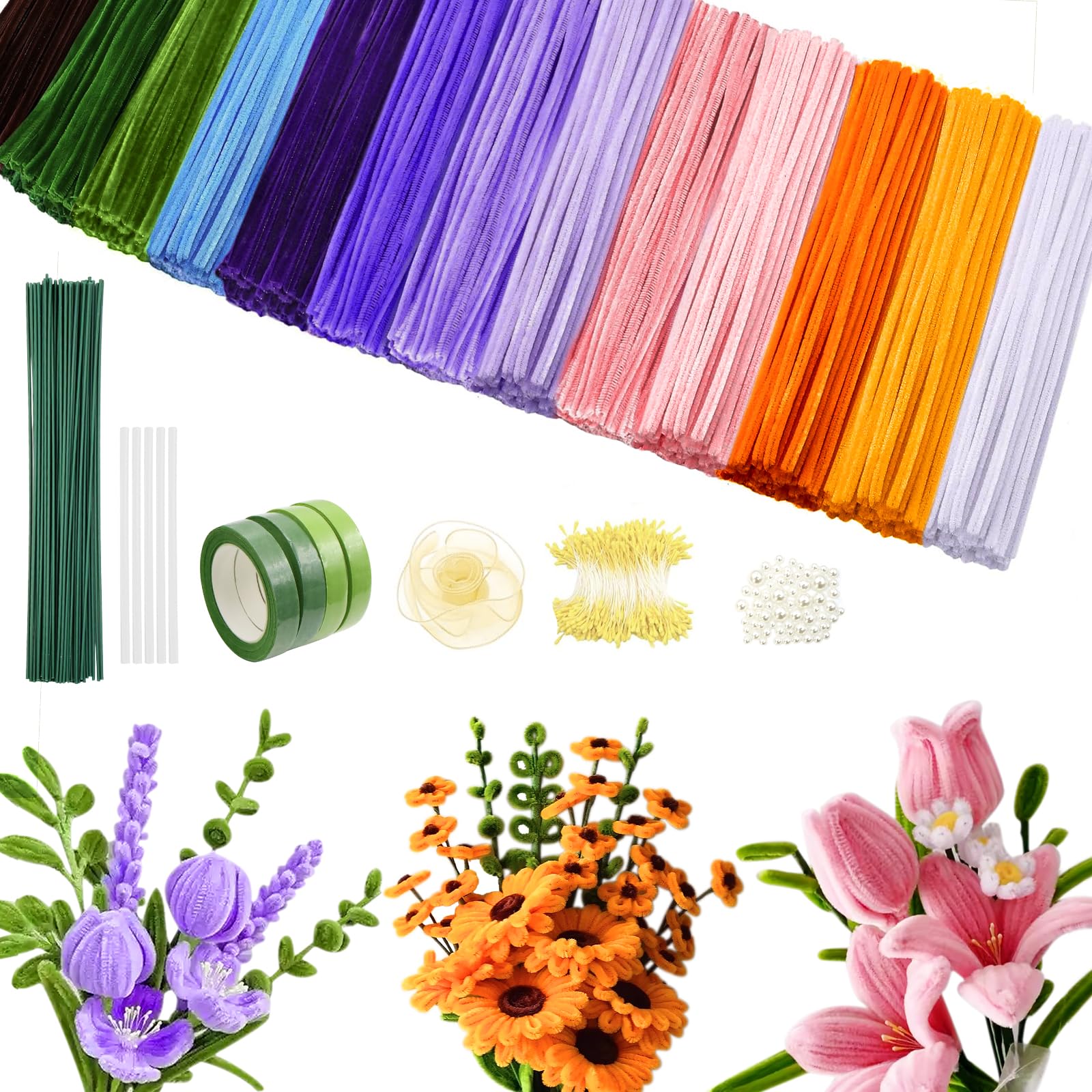 Photo 1 of 800 Pcs  Cleaners Craft, Pipe Cleaners Flowers Kit with Handle, 13 Colors Chenille Stems with Instruction, Art and Craft Supplies