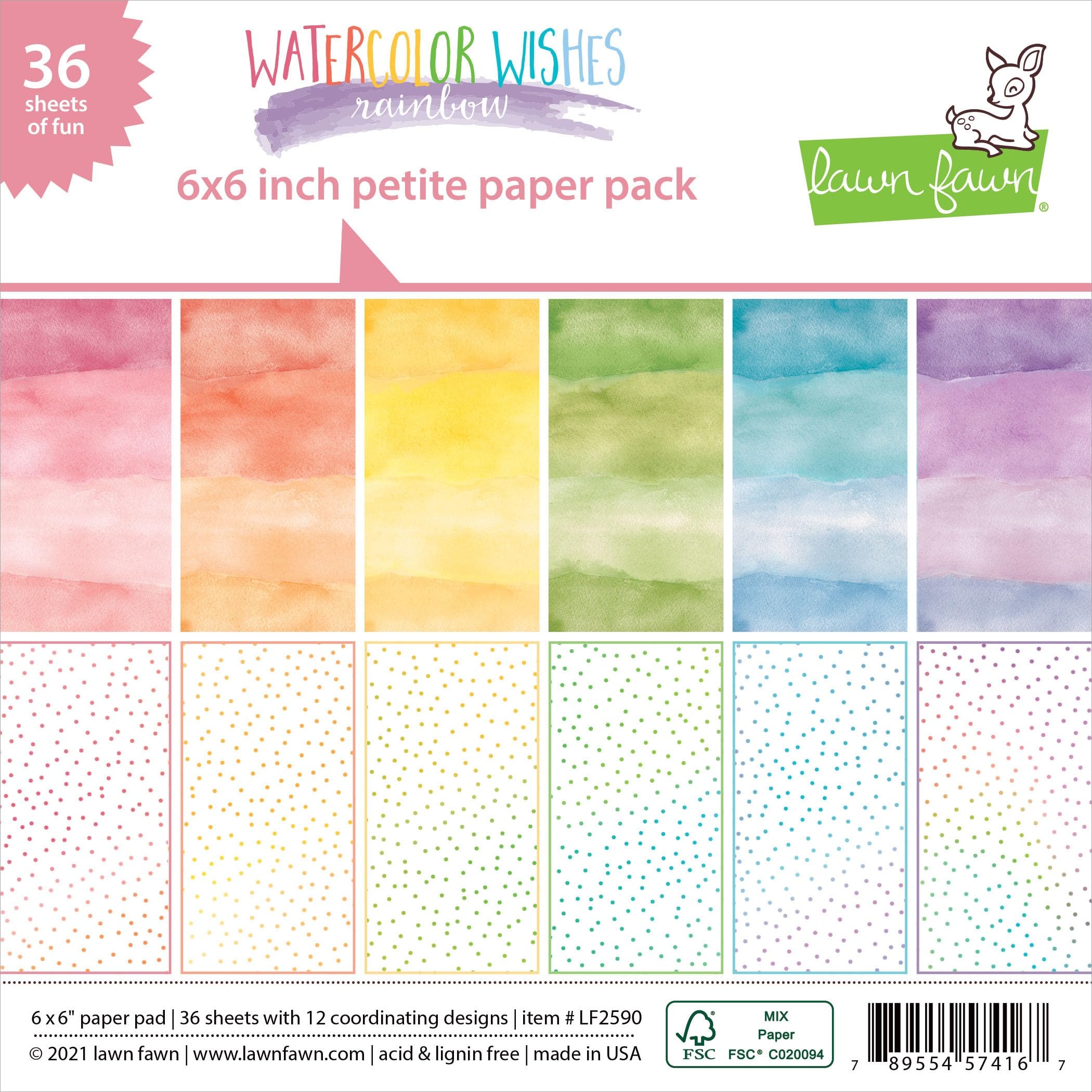 Lawn Fawn Single-Sided Petite Paper Pack 6"X6" 36/Pkg-Watercolor Wishes Rainbow, 12 Designs
