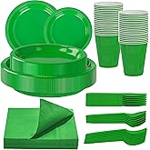 WELLIFE 210 PCS Green Plastic Plates for 30 Guests - Disposable Dinnerware Set Including Dinner Plates, Dessert Plates, 12oz Cups, Cutlery & Napkins, Green Party Plates