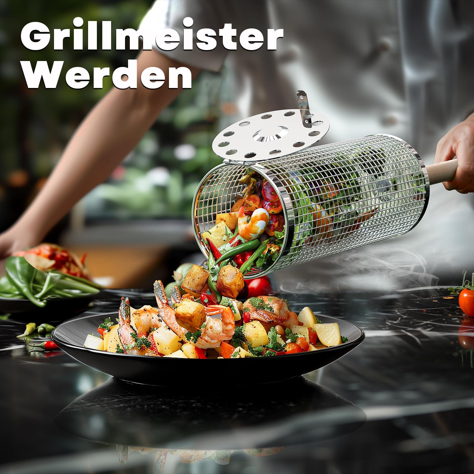 ivtivfu Nestbarer Rollender Grillkorb, Grill Zubehör, Geschenke für Männer 4