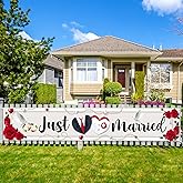 Labakita Large Just Married Banner, Wedding Ceremony Front Yard Sign, Wedding Banner for Outside Inside, Honeymoon Bridal Shower Party Decoration Supplies