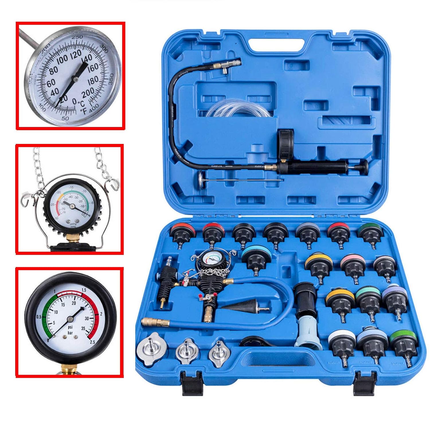 28PCS Universal Radiator Pressure Tester Leak Checker Vacuum Type Cooling System Automotive Radiator Pressure Test Kit Purge and Refill Kit Set w/Carrying Case
