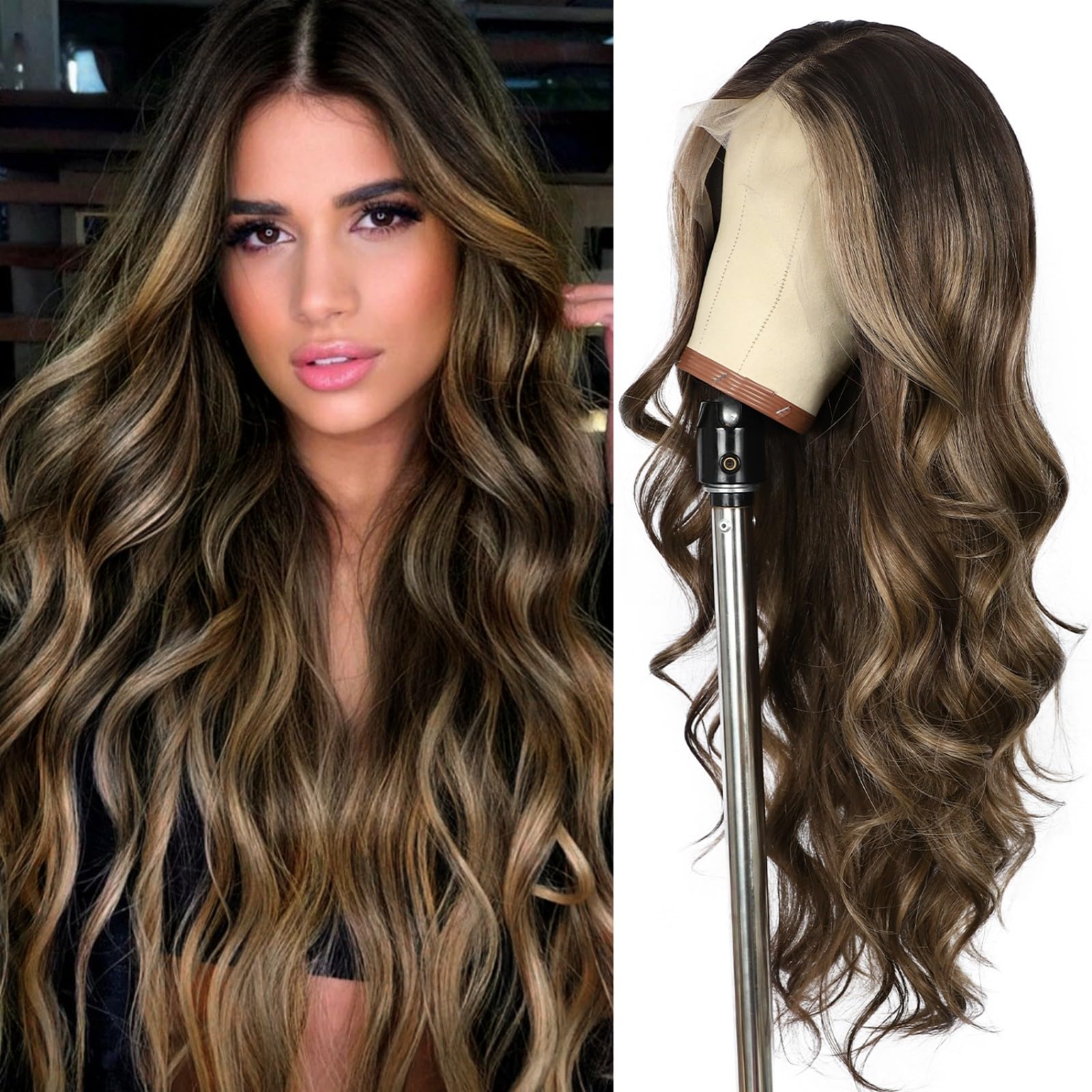 Photo 1 of SAPPHIREWIGS Long Body Wave Highlight Brown Lace Front Wig 13x4 Lace Front Wig Brown Wavy Synthetic Wigs for Women Long Brown Lace Wigs for Daily Party Use 26inch