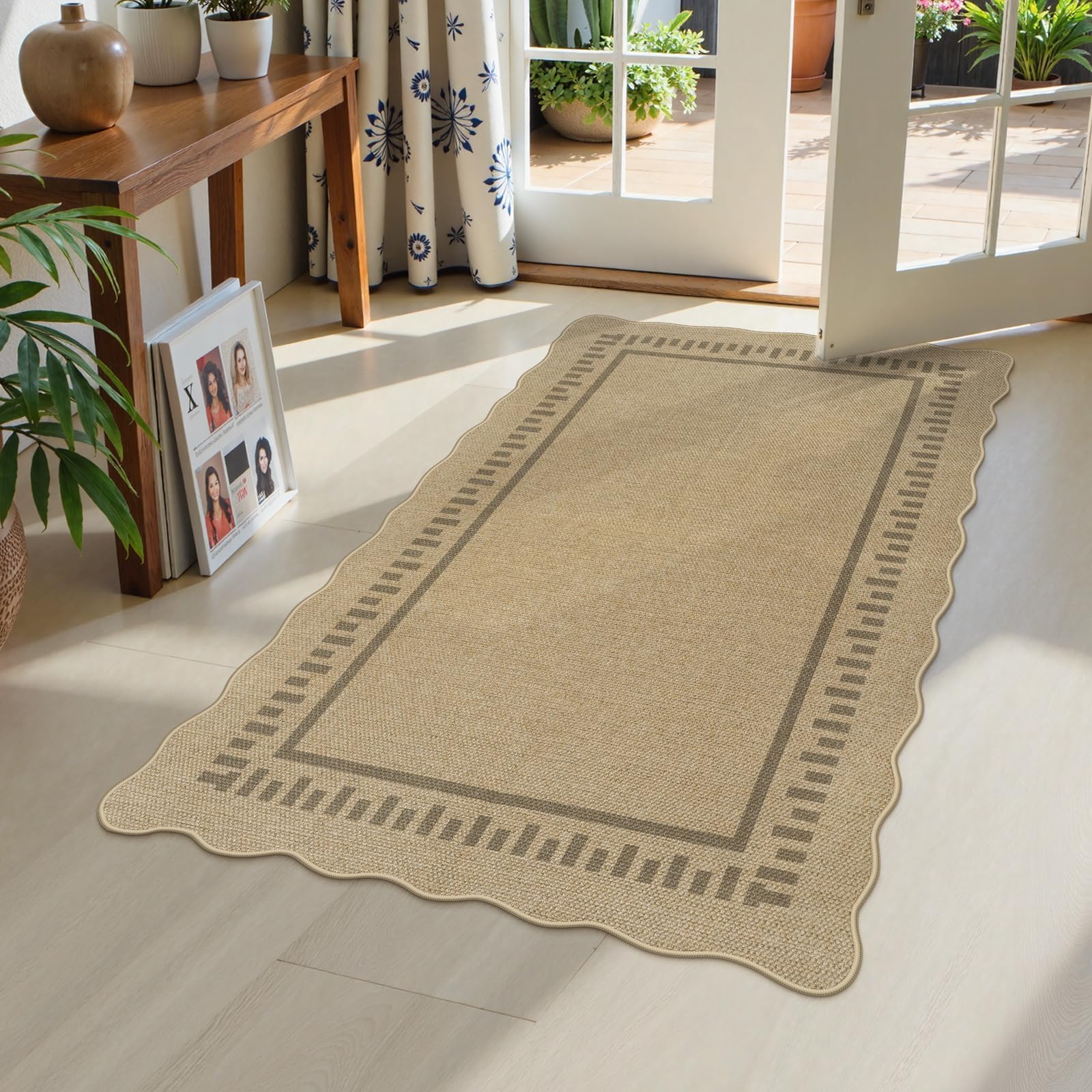 LIVEBOX Scalloped Washable 3x5 Outdoor Rug, Easy Jute Tan Rugs for Entryway Bedroom, Indoor Outdoor Non Slip Farmhouse Rugs for Patio Living Room, Geometric Carpet Front Door Mat for Porch Kitchen
