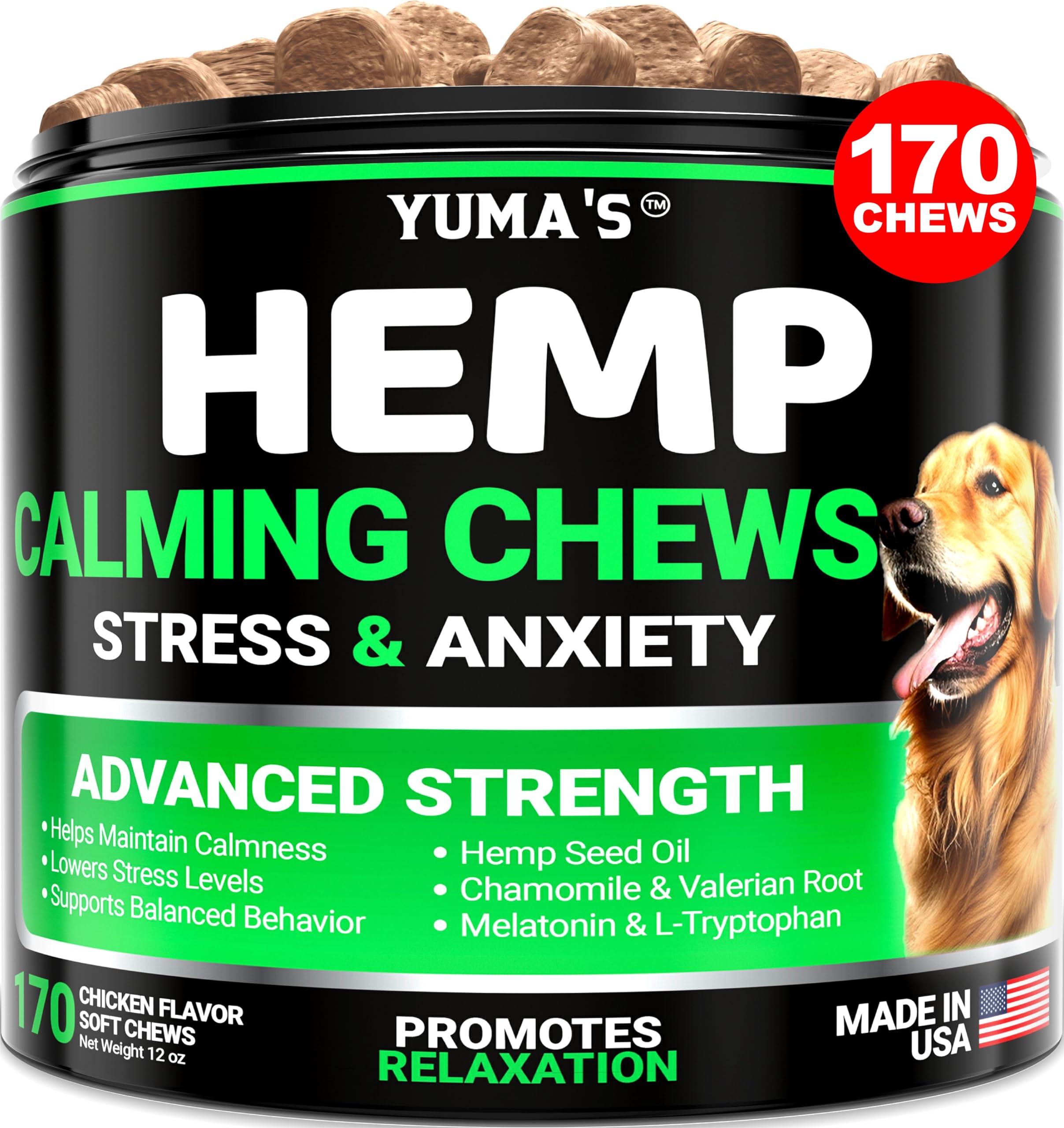 View 1 of YUMA'S Hemp Calming Chews for Dogs - Advanced Dog Calming Chews - 170 Chews - Anxiety Relief Treats - Separation Aid, Barking, Stress Relief, Thunderstorms - Melatonin - Hemp Oil - Made in USA