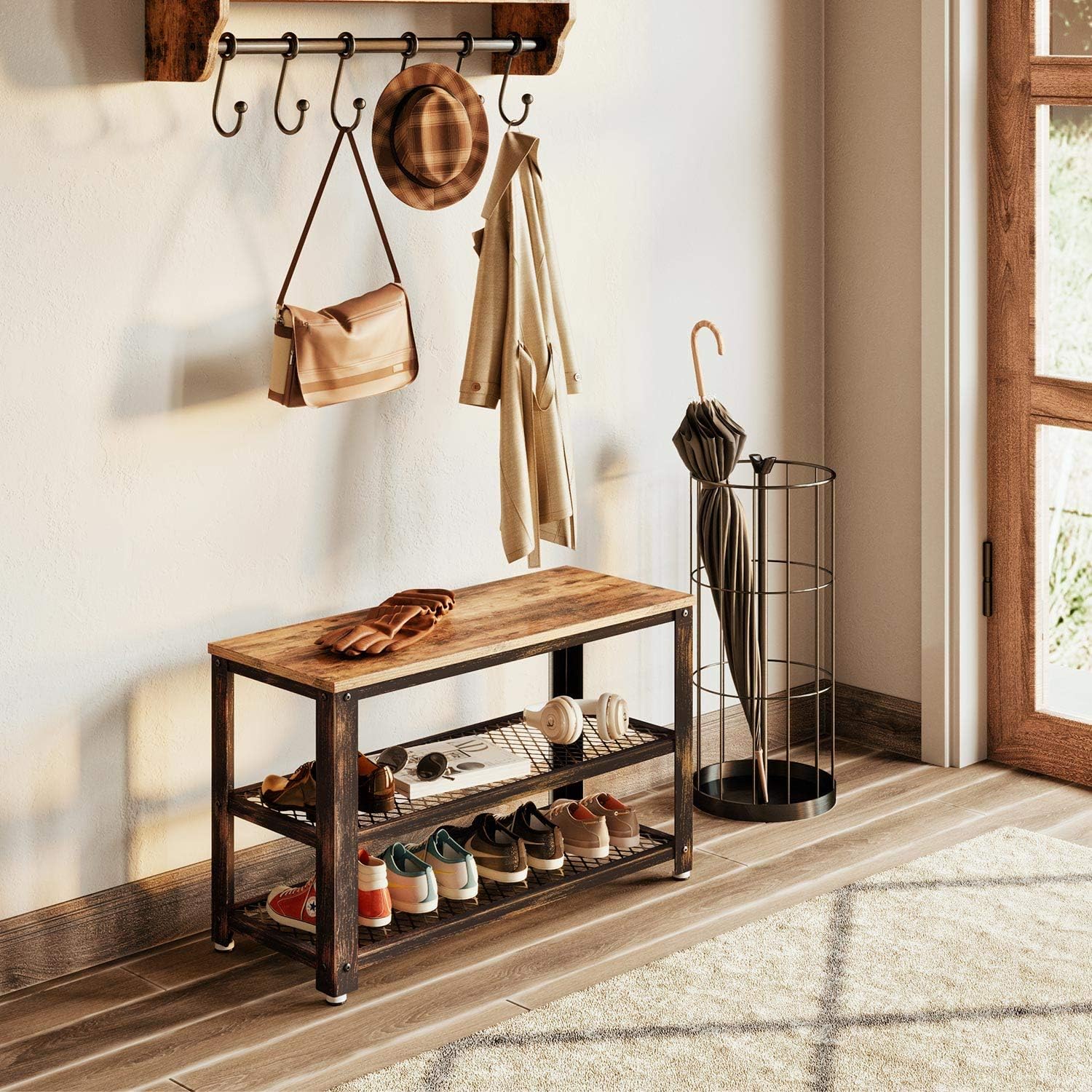 Rolanstar Shoe Bench, Rustic Shoe Rack Bench with Mesh Shelves, Industrial Storage Bench with Stable Metal Frame for Entryway, Mudroom SH001-B: Kitchen & Dining
