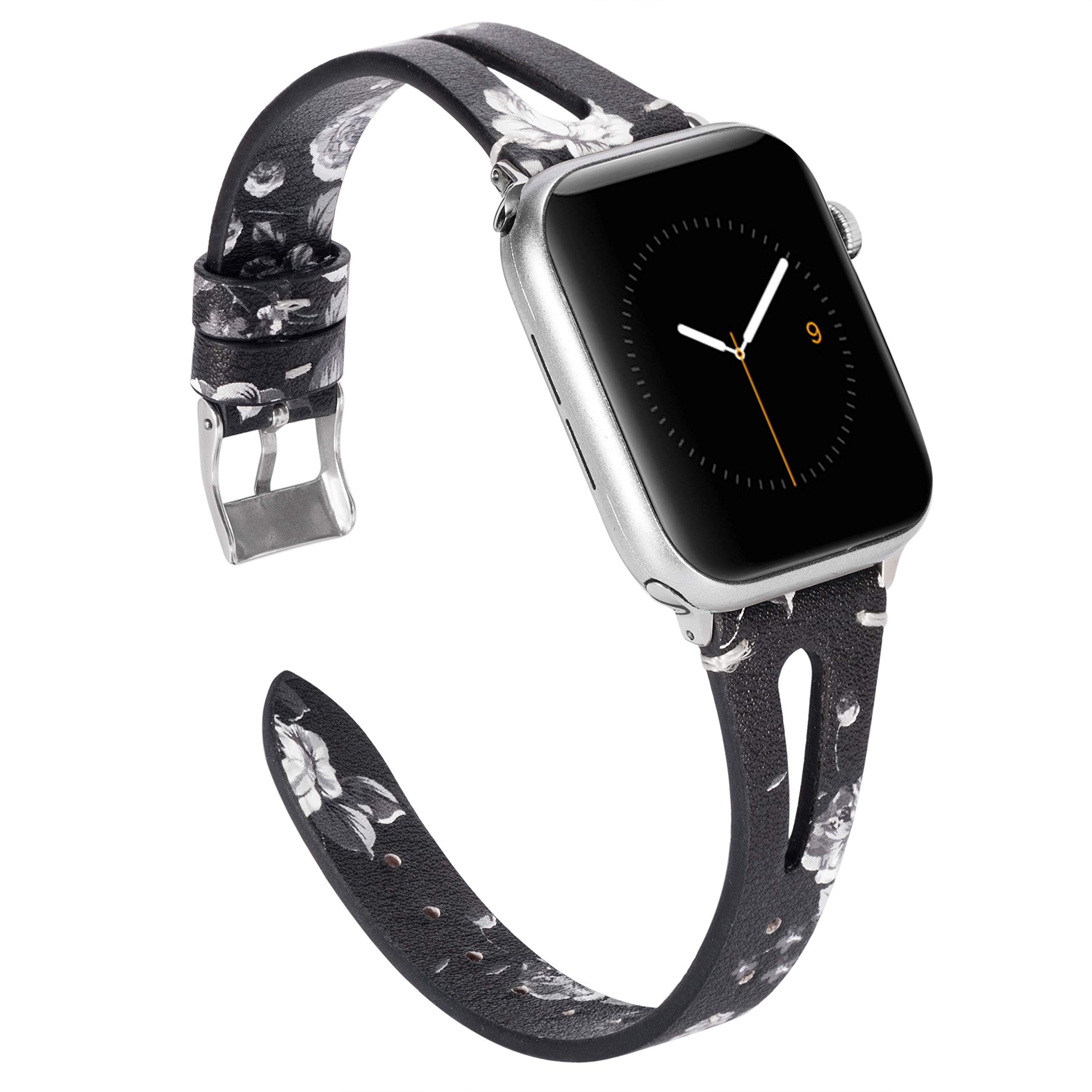 Wearlizer Leather Strap for Apple Watch Straps 41/38/40/42mm iWatch Womens Mens Triangle Hole Wristband Sport Replacement Bracelet Series 11 10 9 8 7 6 5 4 3 2 1 Edition - Black White Flower