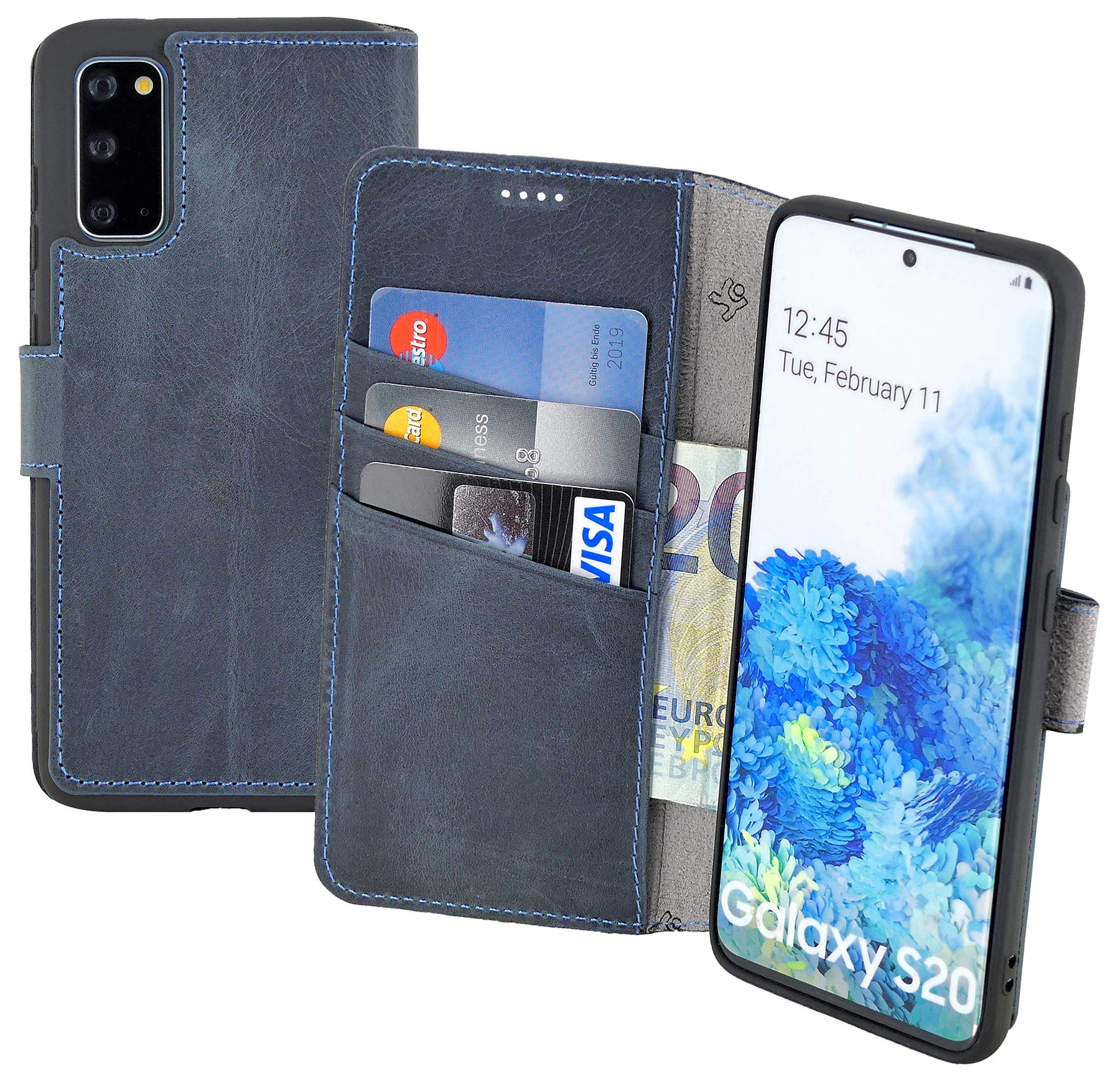 Suncase Book-Style Case Compatible with Samsung Galaxy S20 Leather Case (Slim Fit) Leather Mobile Phone Case Protective Case with 3 Card Slots in Pebble Blue