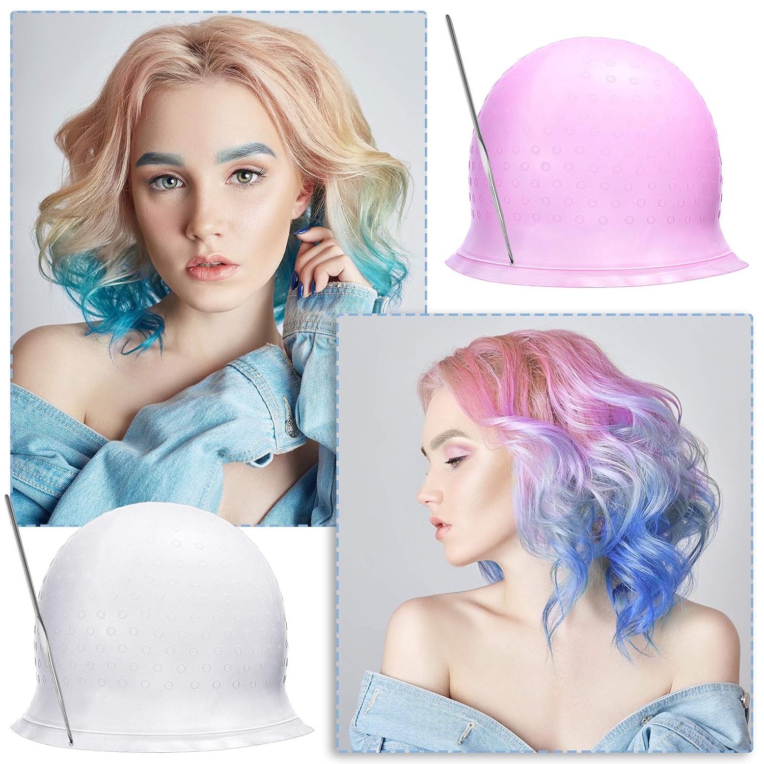 3 Pieces Reusable Silicone Hair Staining Cap Multicolor Hair Coloring Dye Cap with Metal Hook Silicone Hair Coloring Highlighting Cap for Home Salon Hairdressing Tools (Blue, White, Purple) : Beauty