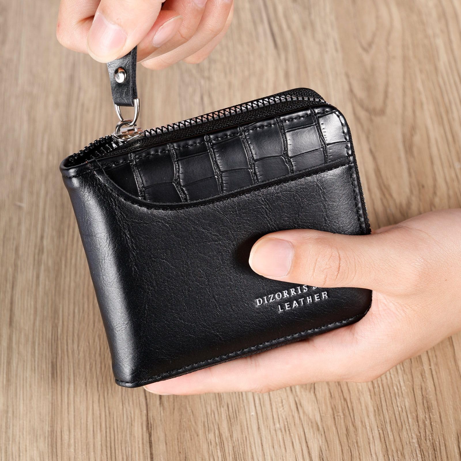 Photo 1 of Mens Leather Zipper Wallet, Large Capacity Bifold Multi-card Holder, (3.7 x 4.5 Inches), Black