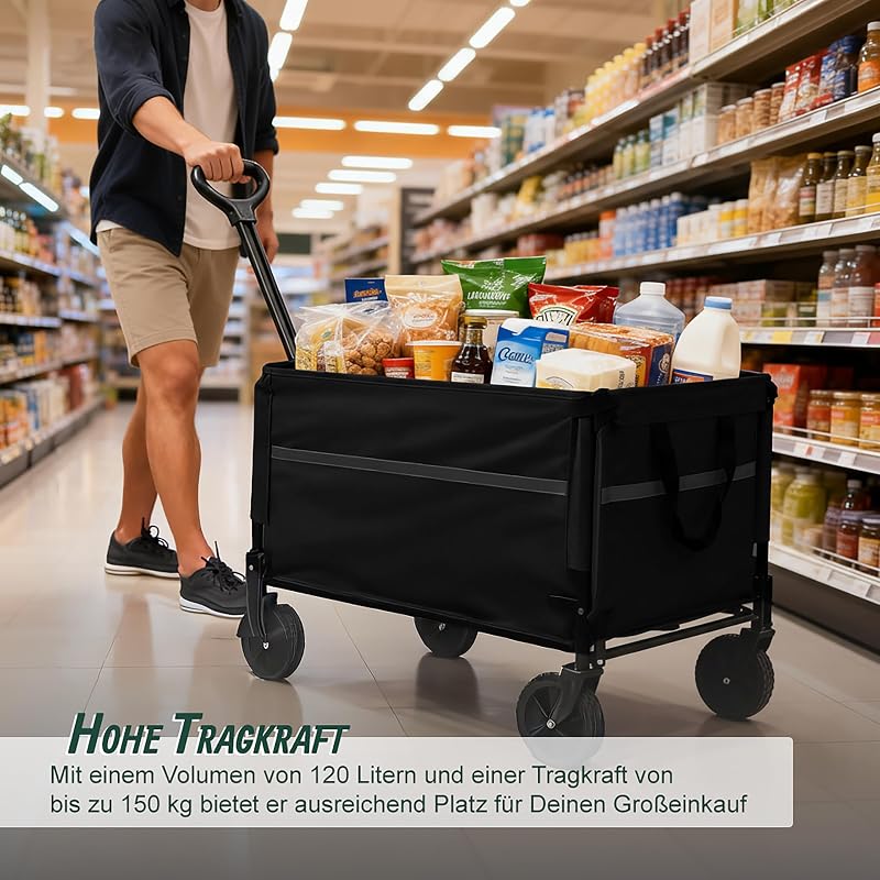 Bollerwagen, faltbar, 150 kg, Teleskopgriff, Heckklappe, schwarz