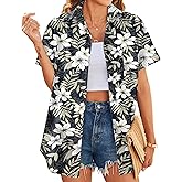 HOTOUCH Women's Hawaiian Summer Cool Floral Tropic Print Beach Short Sleeve Button Up Shirt