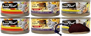 Fussie Cat Premium Grain Free Adult Cat 3 Flavor Variety 6 Can Bundle with Toy, 2 Each: Tuna Chicken Liver, Chicken Duck, Tuna Mussels (2.82 Ounces)