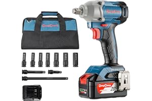 Dong Cheng 20V Max Brushless Cordless Impact Wrench, 1/2 inch Impact Gun, 220 ft-lbs, 2 Mode Speed, with 7pcs Deep Impact Sockets, 3pcs Extension Bars, 4.0Ah Li-ion Battery, 2.0A Charger