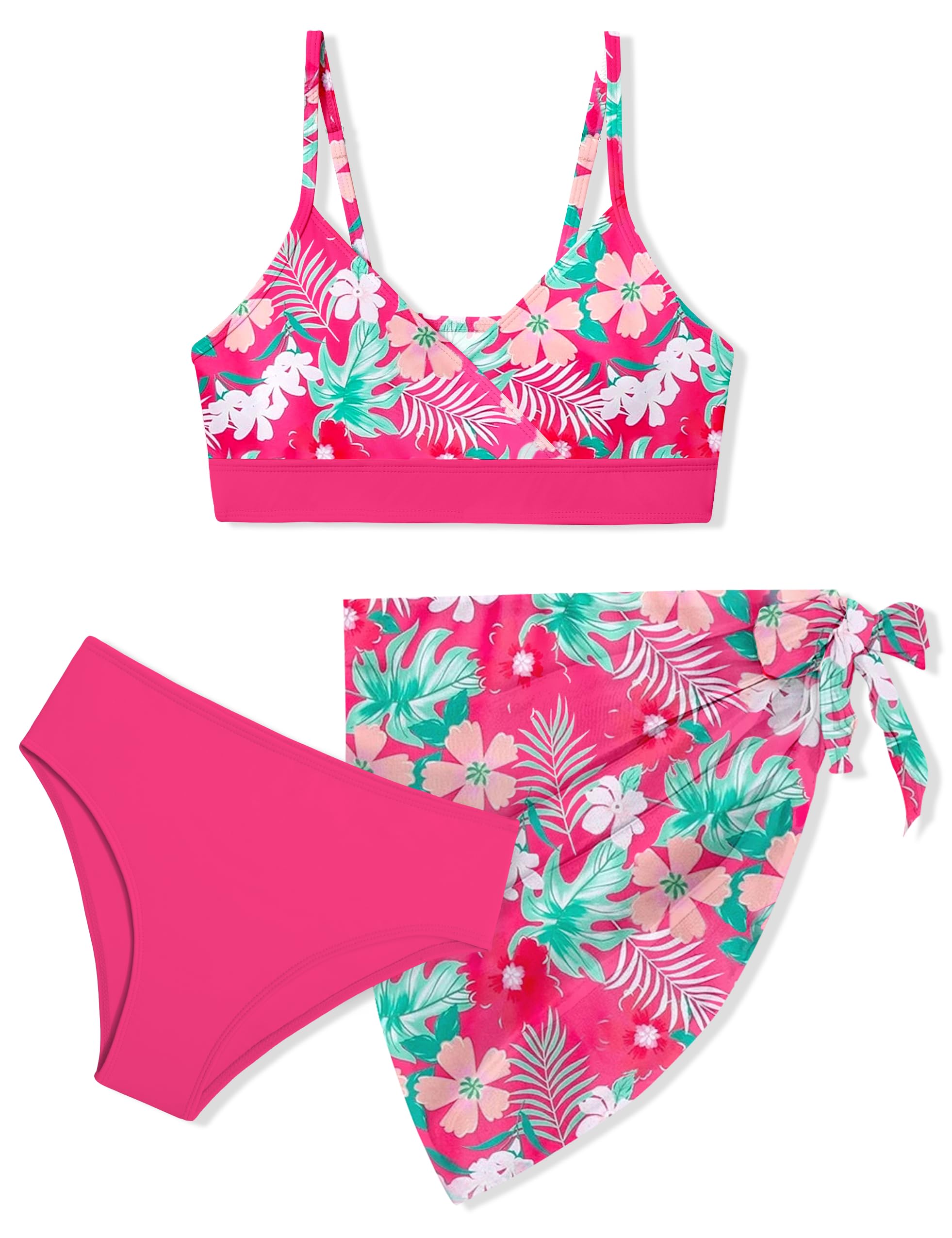 Photo 1 of ADIFUN Girls Swimsuit, Teen Swimsuits for Girl 12-14 Rose Red Floral V-Neck Bikini with Cover Up Skirt 3 Piece Tween Girls Swimwear Set