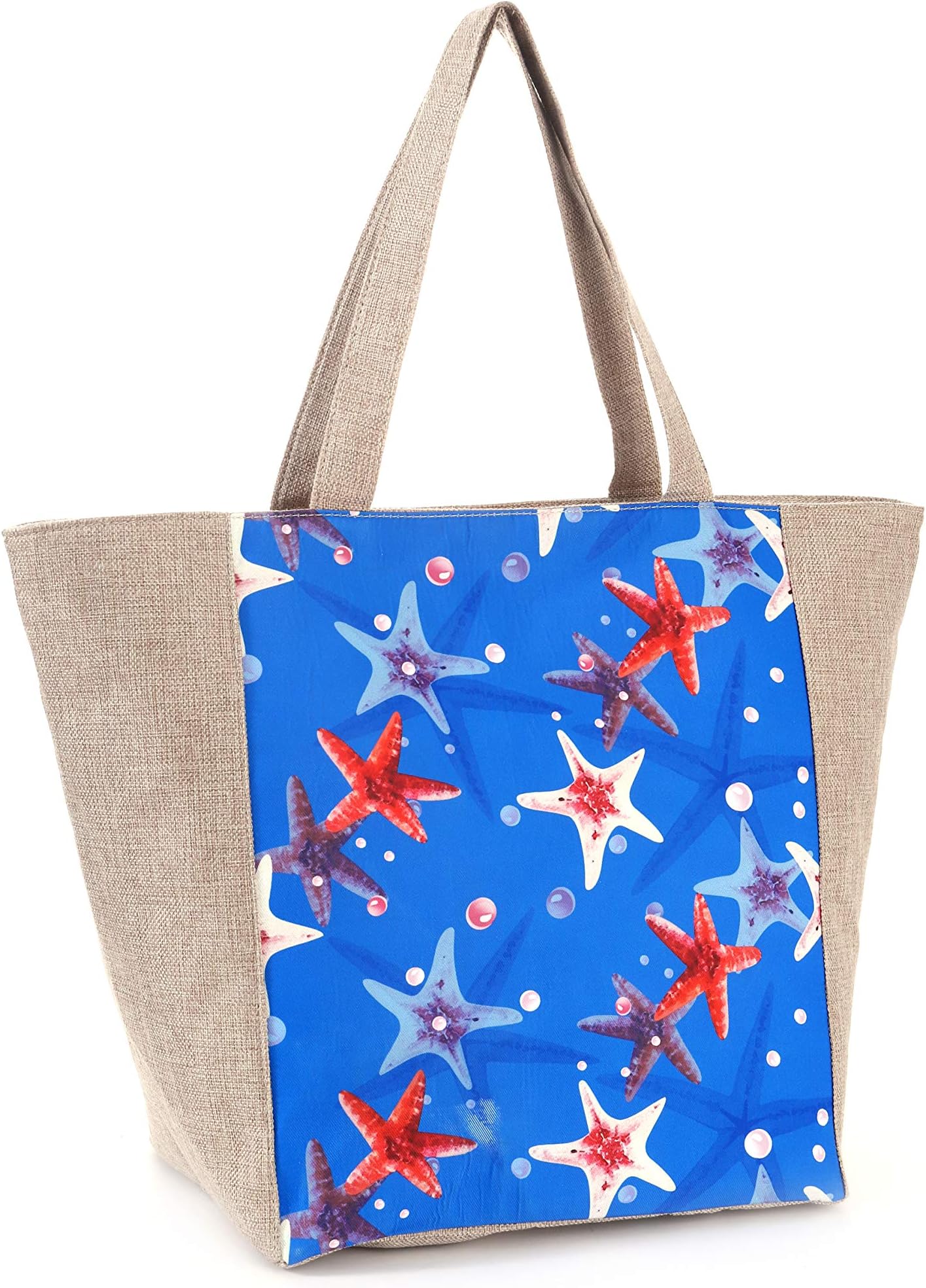 Women Beach Tote Utility Bag with Zipper, Starfish Cute Printed Large Family Woven Canvas Straw Bag for Travel, Mom in Law Female Friend Sister Wife Girlfriend Good Gift