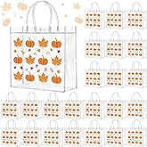 Kosiz 24 Pcs Thanksgiving Gift Bags Pumpkin Gift Party Favors Bulk Clear PVC Bags with Handles Autumn Goodie Treat Candy Pouch Fall Maple Leaf Pumpkin for Thanksgiving Party Supplies Decoration