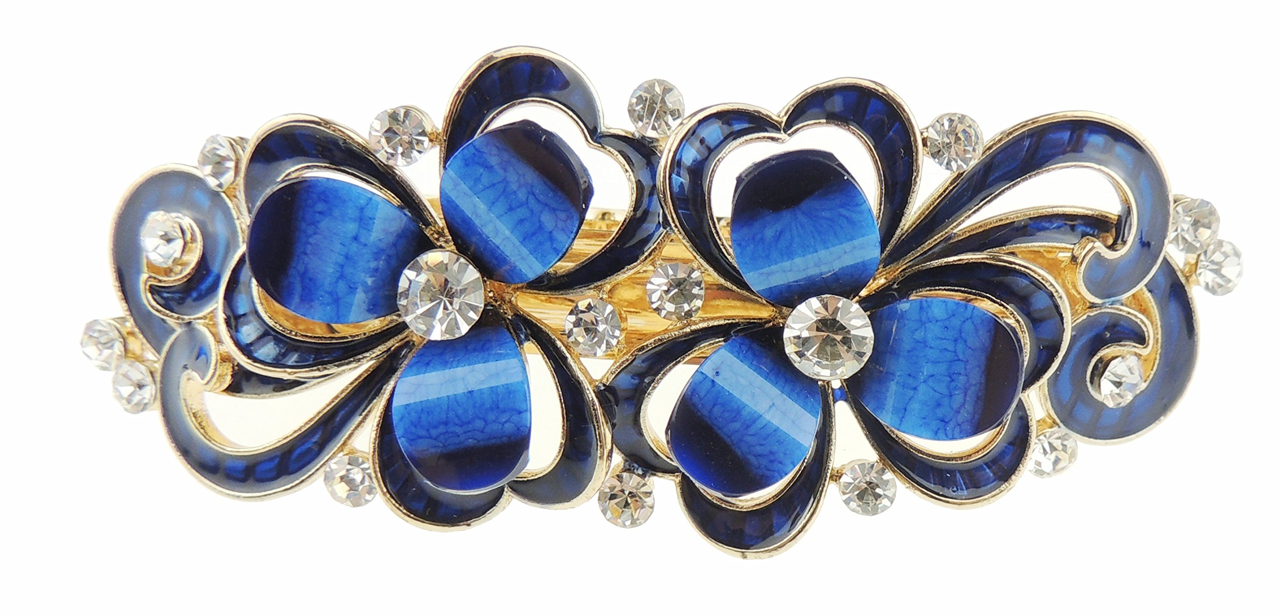 Ladies Enamel & Diamante Evening Occasion Stencil Hair Barrette Clip Two Flowers Blue