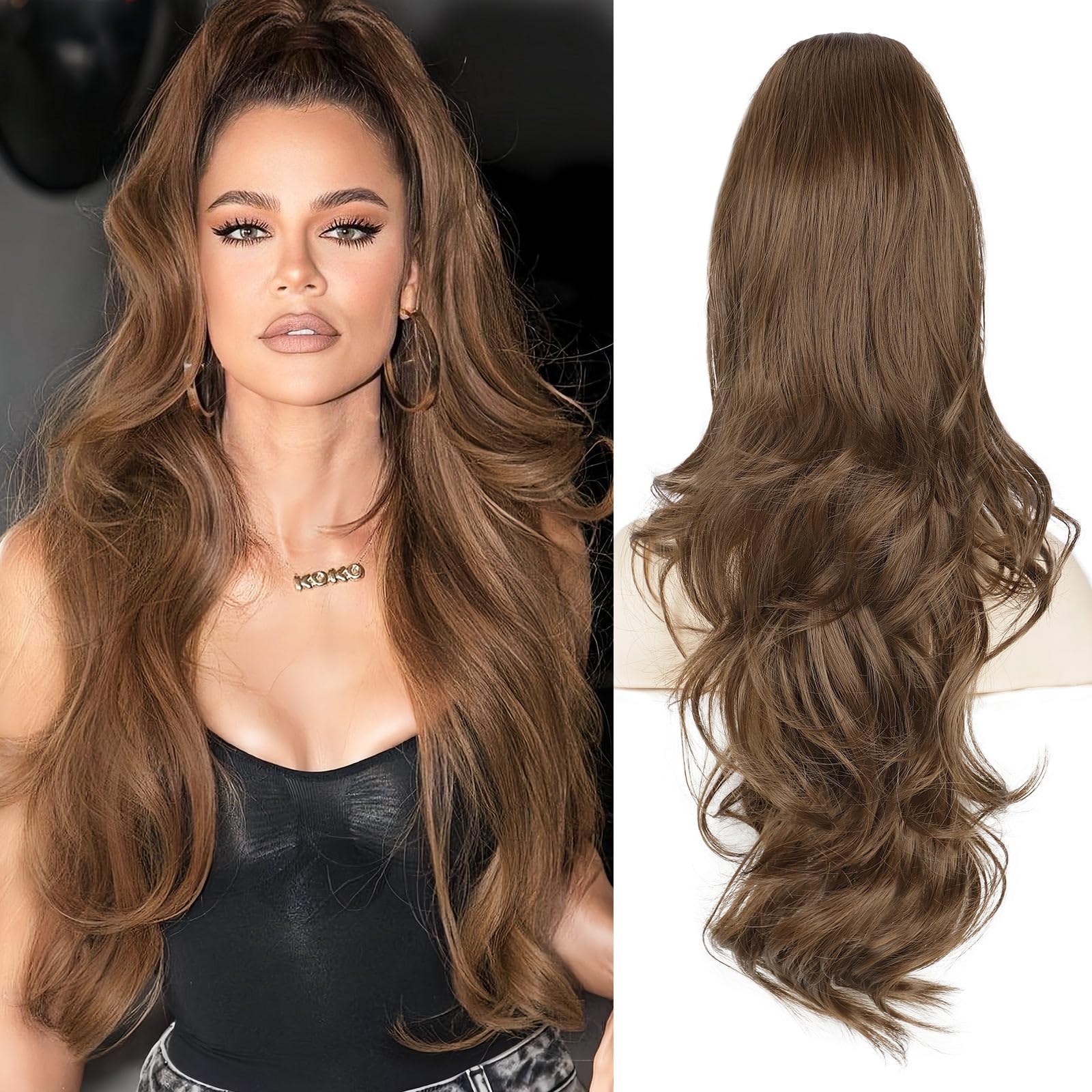 Photo 1 of BOGSEA Ponytail Extension 26 Inch Drawstring Ponytail Extension for Women Long Wavy Hair Extensions for Daily Use (Light Brown)