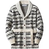 Men's Southwestern Aztec Pattern Cardigan Sweater with Belt, Shawl Collar, Long Sleeve, Brown and Khaki, Medium Length Knit Jacket