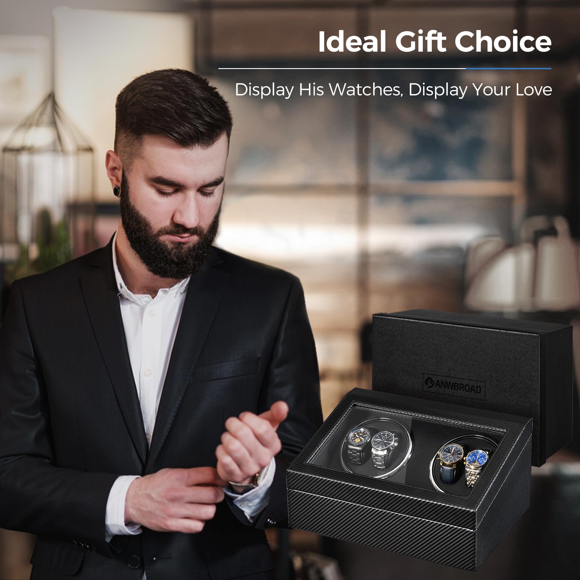 ANWBROAD Watch Winders for Automatic Watches, Automatic Watch Winder with 4 Watch Rotator and 6 Extra Storages, 4 Watch Winder with Japanese Quiet Motor, Luxury Carbon Fiber Watch Winder,UJWW012C