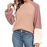 Upopby Women's Fall Winter Mock Turtleneck Sweaters for Women 2024 2025 Trendy Color Block Lantern Sleeve Knitted Pullover Sweater Tops Khaki XL