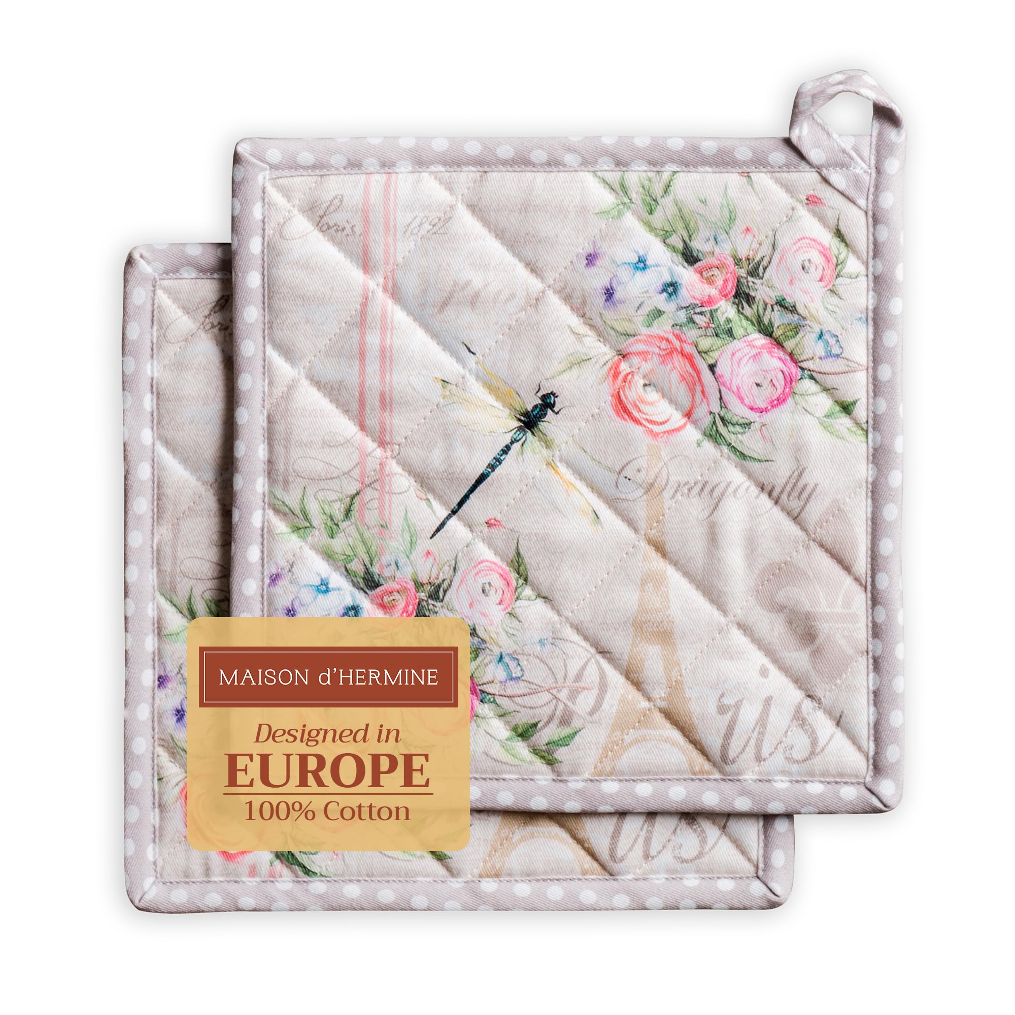 Maison d' Hermine Pot Holders Set 100% Cotton Heat Resistant Potholders 20 cm x 20 cm Hot Pads with Loop for BBQ Cooking Baking Handling Hot Pans Gifts for Mothers Day (Pack of 2, Champ De Mars)