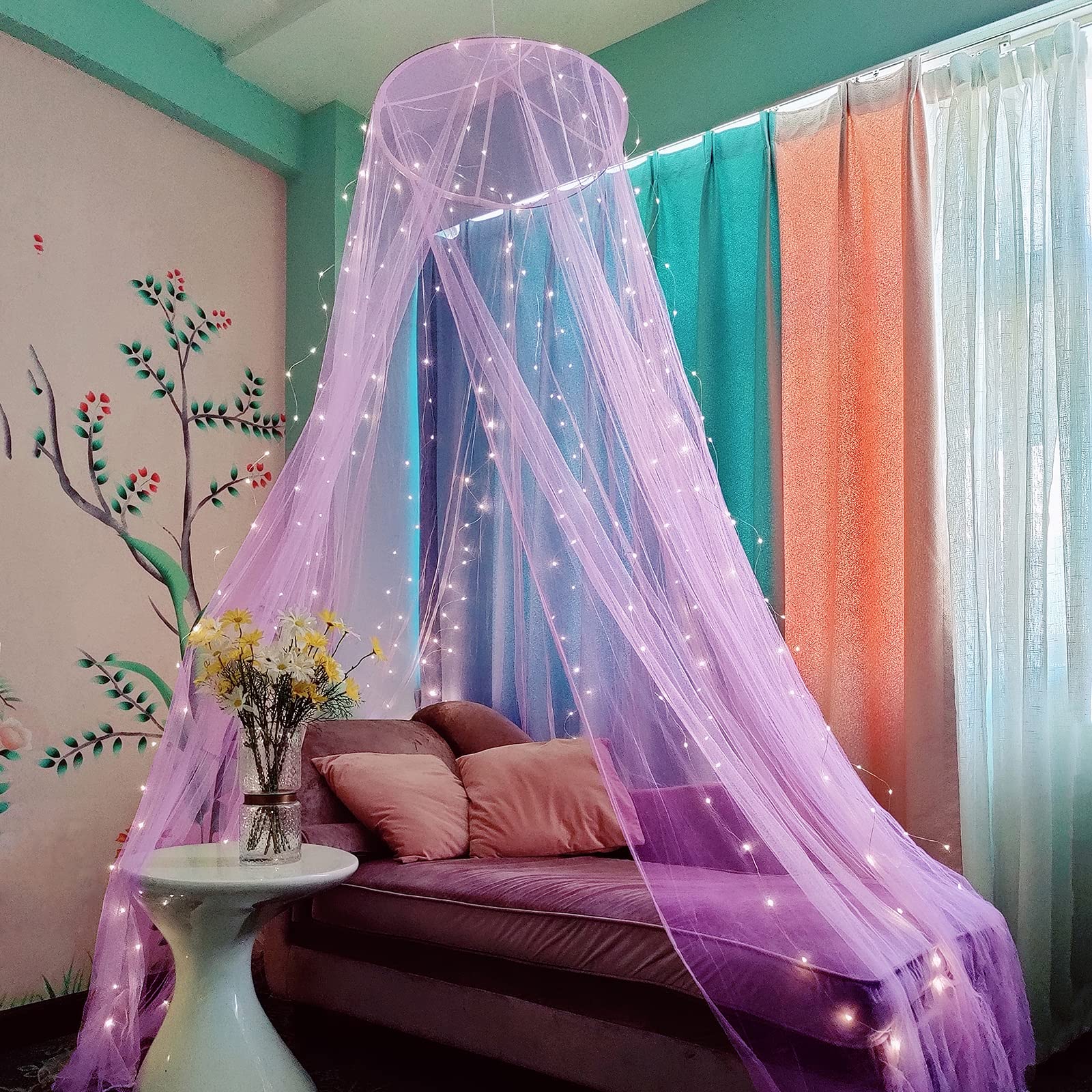 Eimilaly Bed Canopy Mosquito Net with 250pcs Warm White Curtain Lights, Bed Canopy for Girls Room Decor or Theme Party, Purple/Warm White Lights — image 1