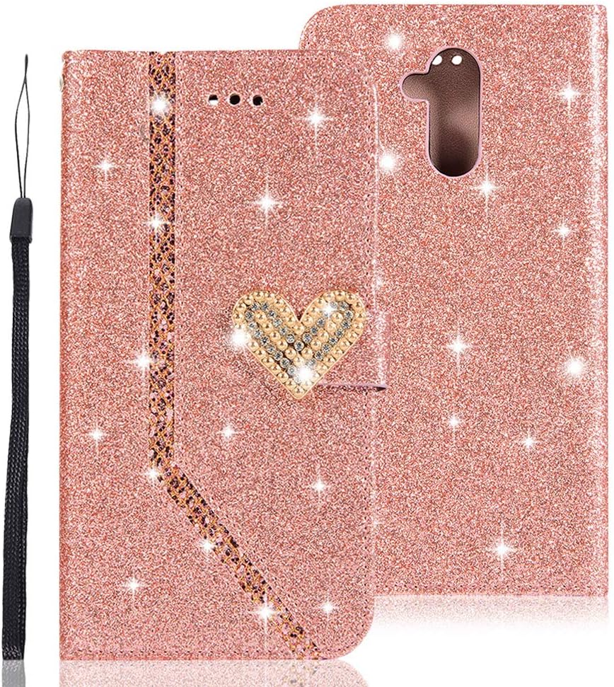 Huawei Mate 20 Lite Case,WIWJ Luxury Glitter Sparkle Case Love Heart Hardware Diamond Cover Splice Soft PU Leather Case Slim Fit Shockproof Case for Huawei Mate 20 Lite-Rose Gold