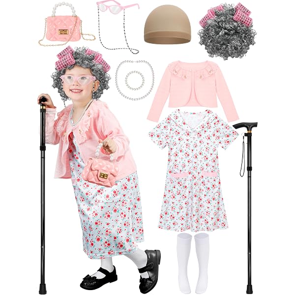 old lady dress up day Girls 100th Of School Costume – Complete Grandma Dress-Up Set With Wig, Cardigan retro refined