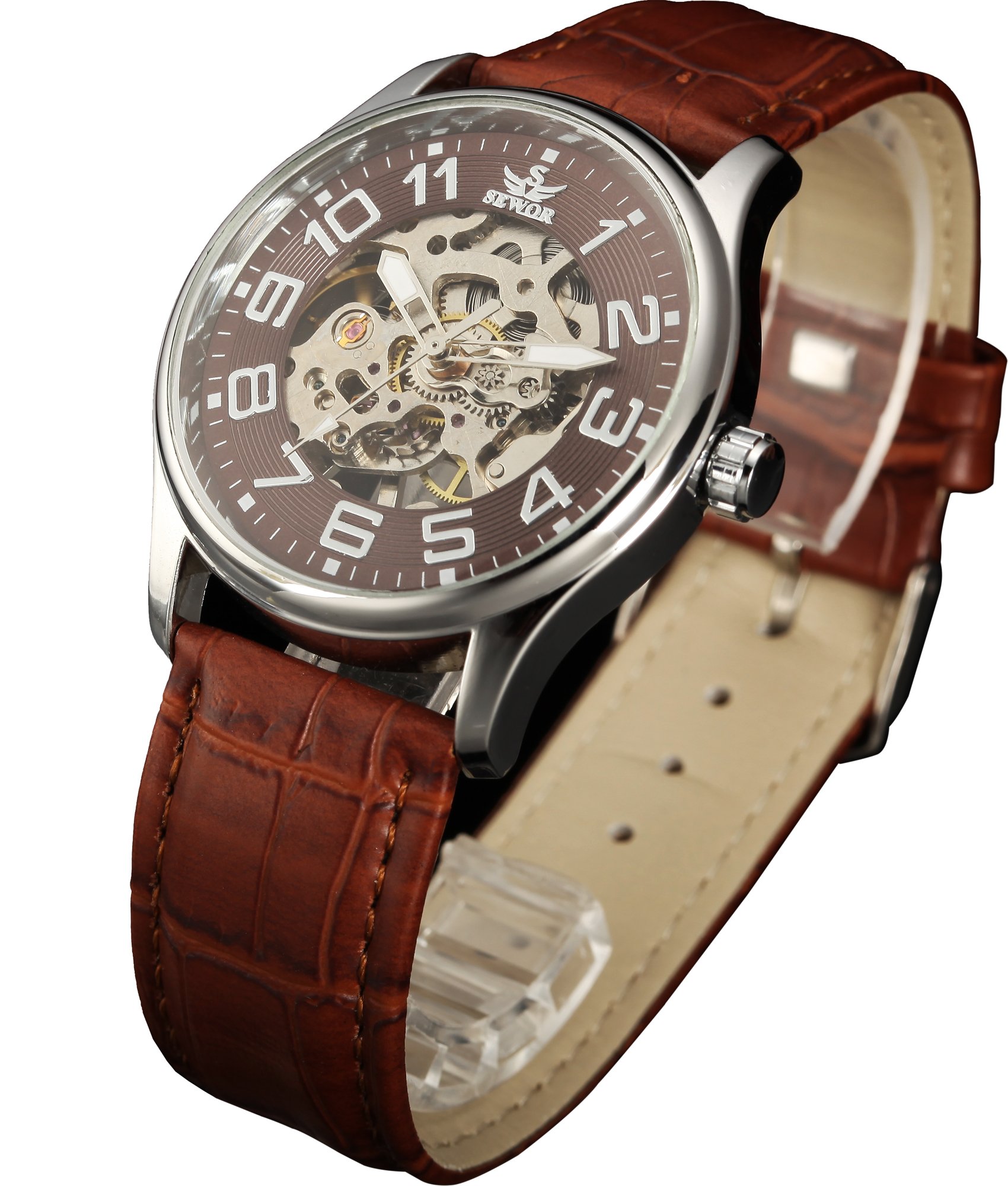 SEWOR orologio da polso scheletrato trasparente con cinturino in pelle (Marrone)