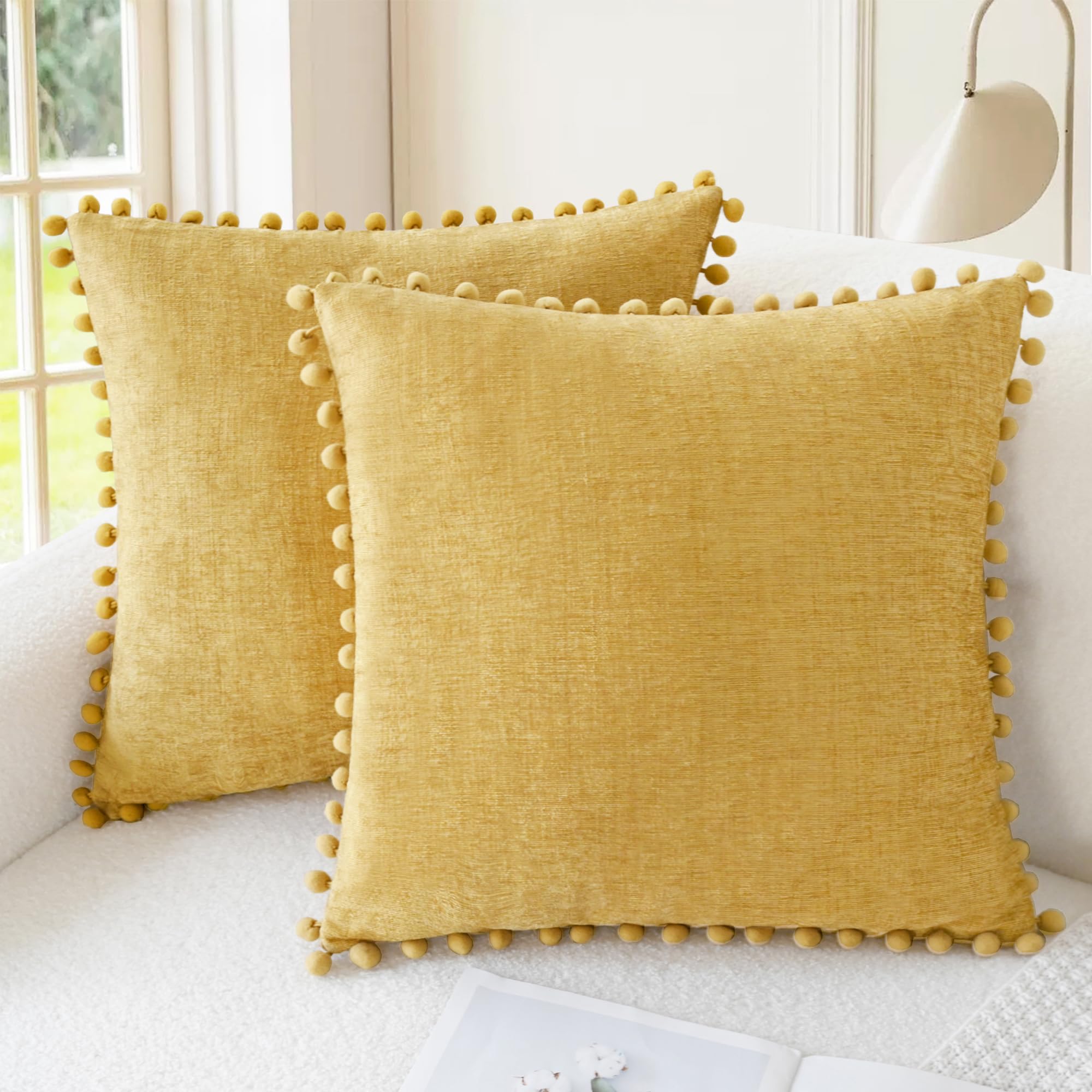 CaliTime Pillow Cases Pack of 2 Cozy Solid Dyed Soft Chenille Cushion Covers with Pom Poms for Couch Sofa Home Decoration 50cm x 50cm Gold