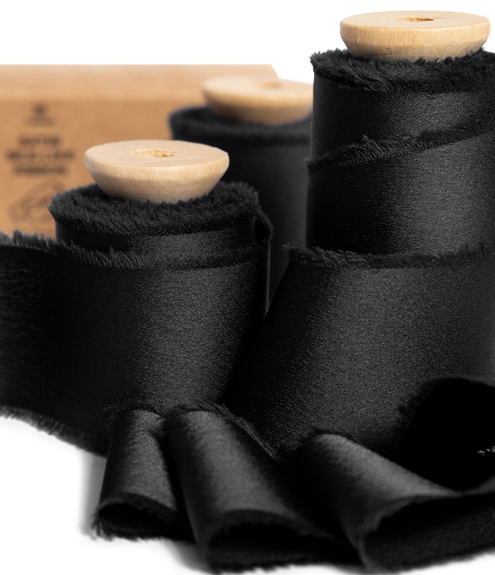 Vitalizart Black Silky Satin Ribbon, 1.5'' x 15 Yard with Wooden Spool, Handmade Fringe Chiffon Ribbons for Gift Wrapping, Festive Decoration, DIY Craft, Wedding Bridal Bouquet