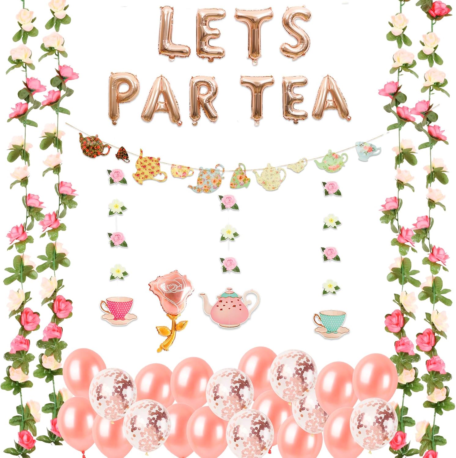 Tea Party Decorations Let's Par Tea Balloons/Teapots Teacups Tea Party Banner/Aluminum Foil Balloons/Floral Tea Party Hanging Decors for Bridal Shower Engagement Bachelorette Birthday Party Supplies: Toys & Games