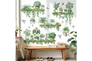 decalmile Green Pot Plants Wall Stickers Tropical Leaf Hanging Vines Leaves Bird Wall Decals Living Room Tv Background Bedroo